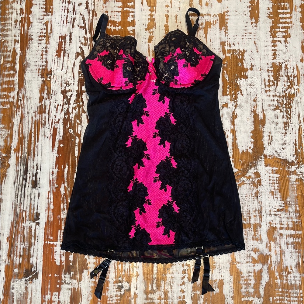 Victoria’s Secret Black & Hot Pink Lace Chemise with Garter Straps